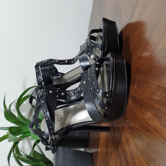 Guess Shoes - Heels: Black Studded Leather Strappy Shoes